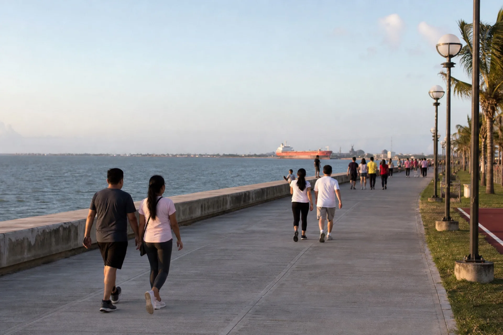 Gente caminando el malecón de Coatzacoalcos al atardecer.