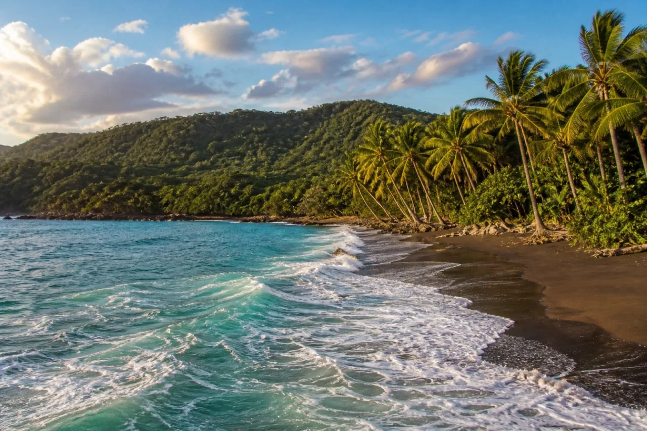 Playa Jicacal, bahía de arena oscura y palmas en la costa tuxtleca.
