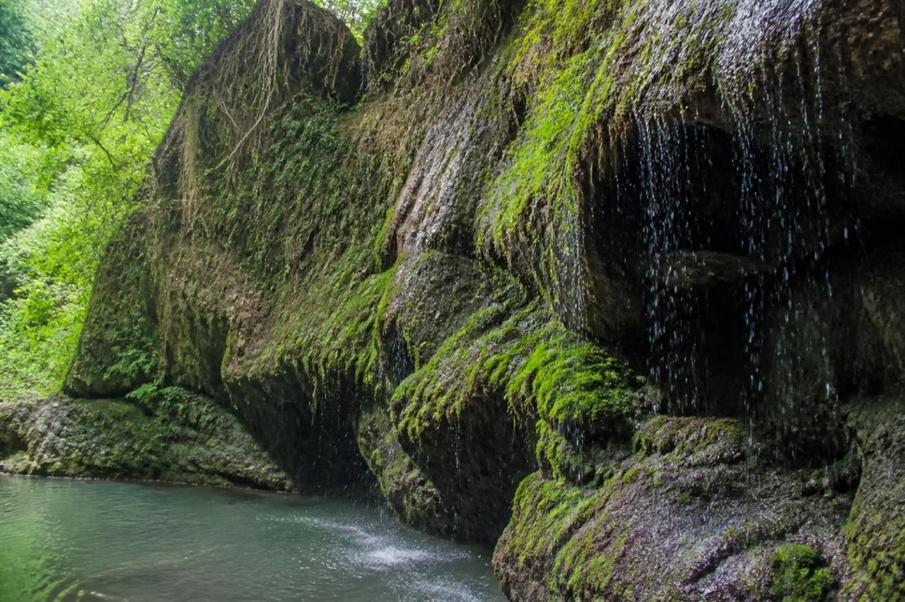 La Gotera, pared de musgo y agua goteando.