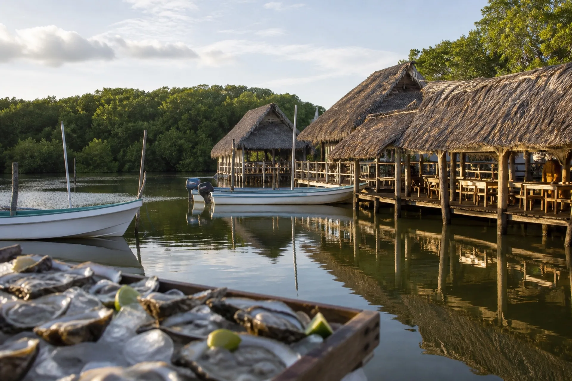 Laguna de Mandinga con palapas de ostión y lanchas sobre el agua quieta.