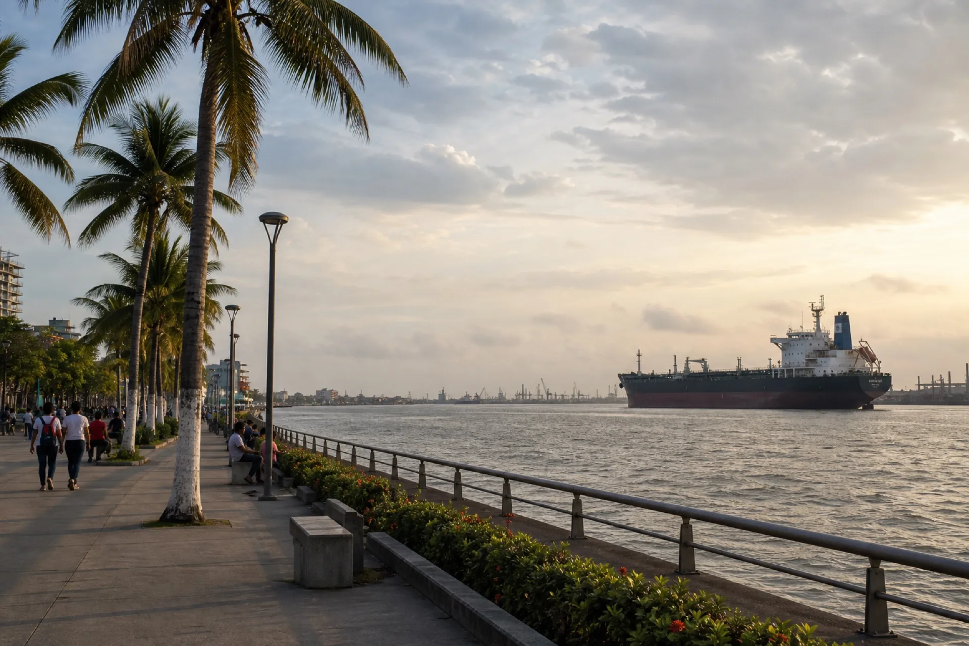 Malecón de Coatzacoalcos junto al río-mar, con palmas y un buque de carga.