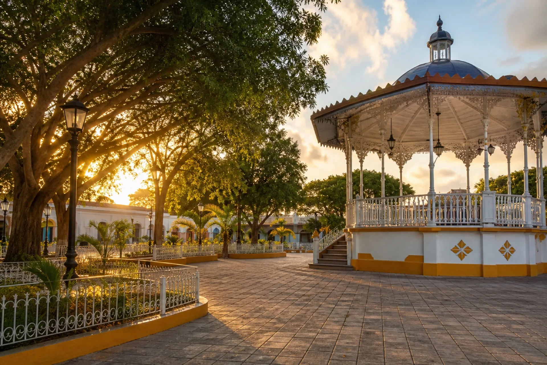 Plaza de Espinal con kiosco y casas de pueblo.