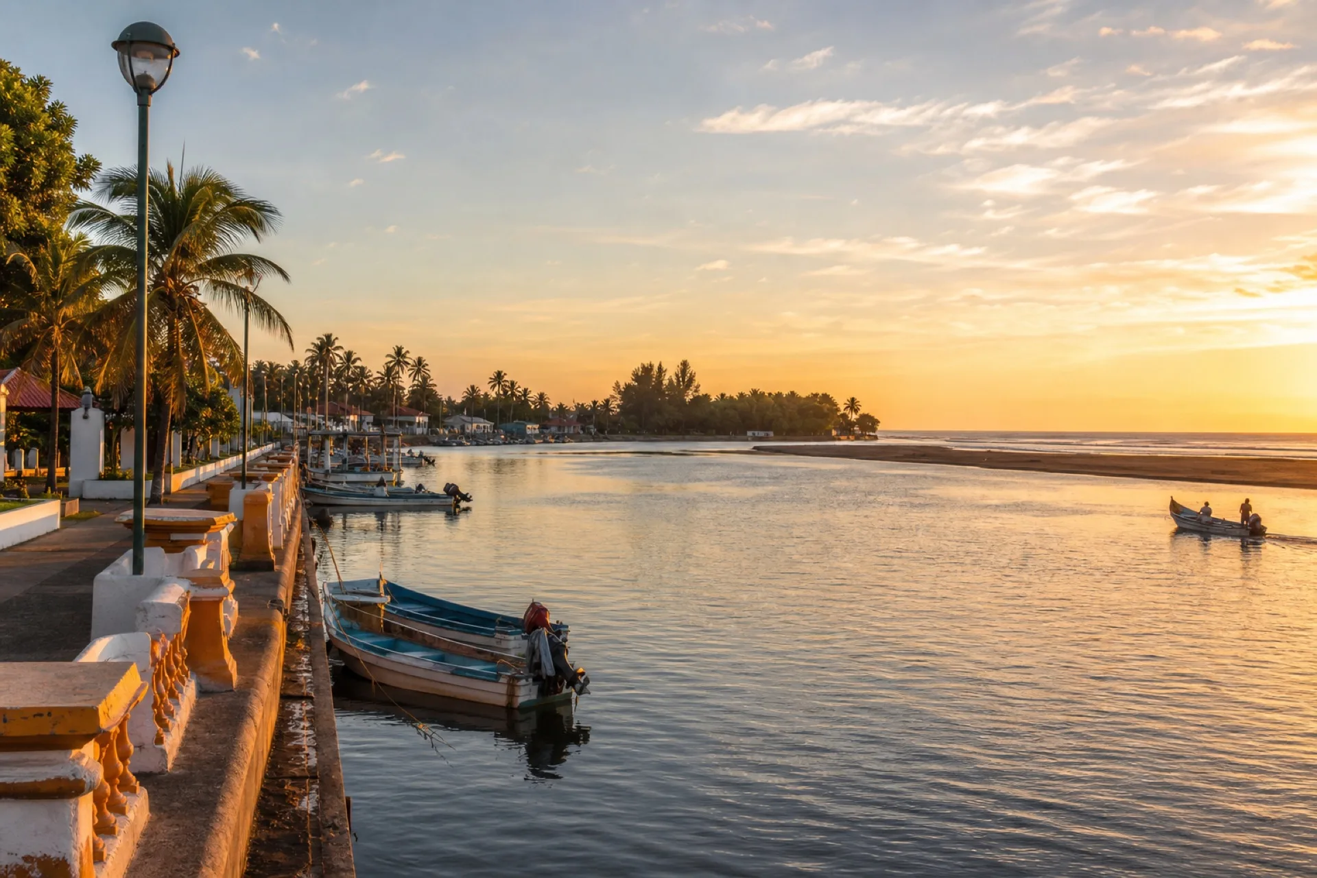 Malecón de Tecolutla junto al río y pangas amarradas.