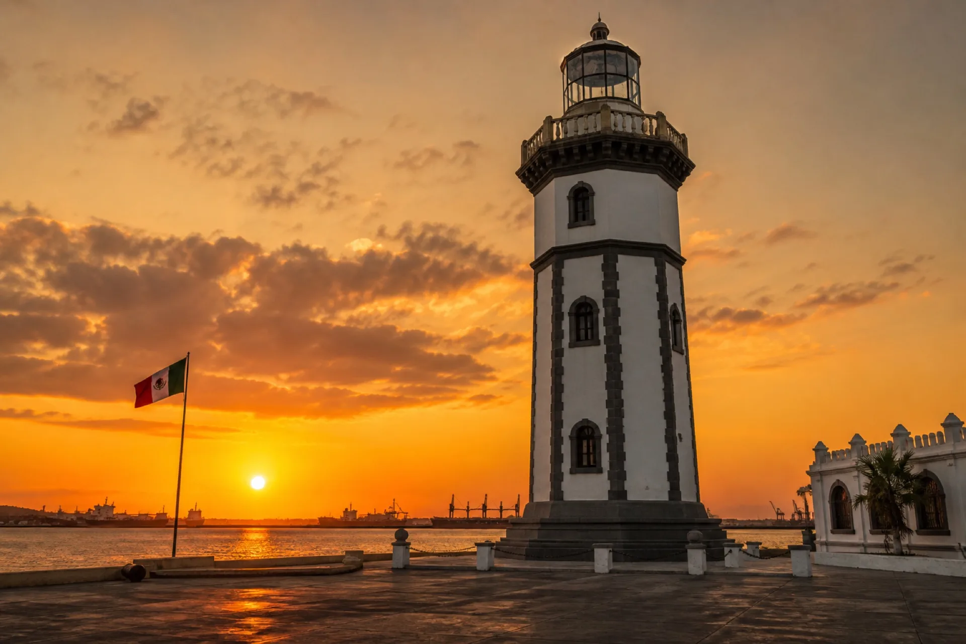 Faro Venustiano Carranza en el puerto de Veracruz al atardecer.