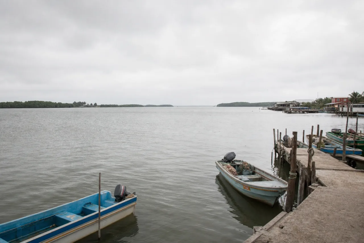 Muelle rústico y pangas en una laguna amplia con manglares en el horizonte.