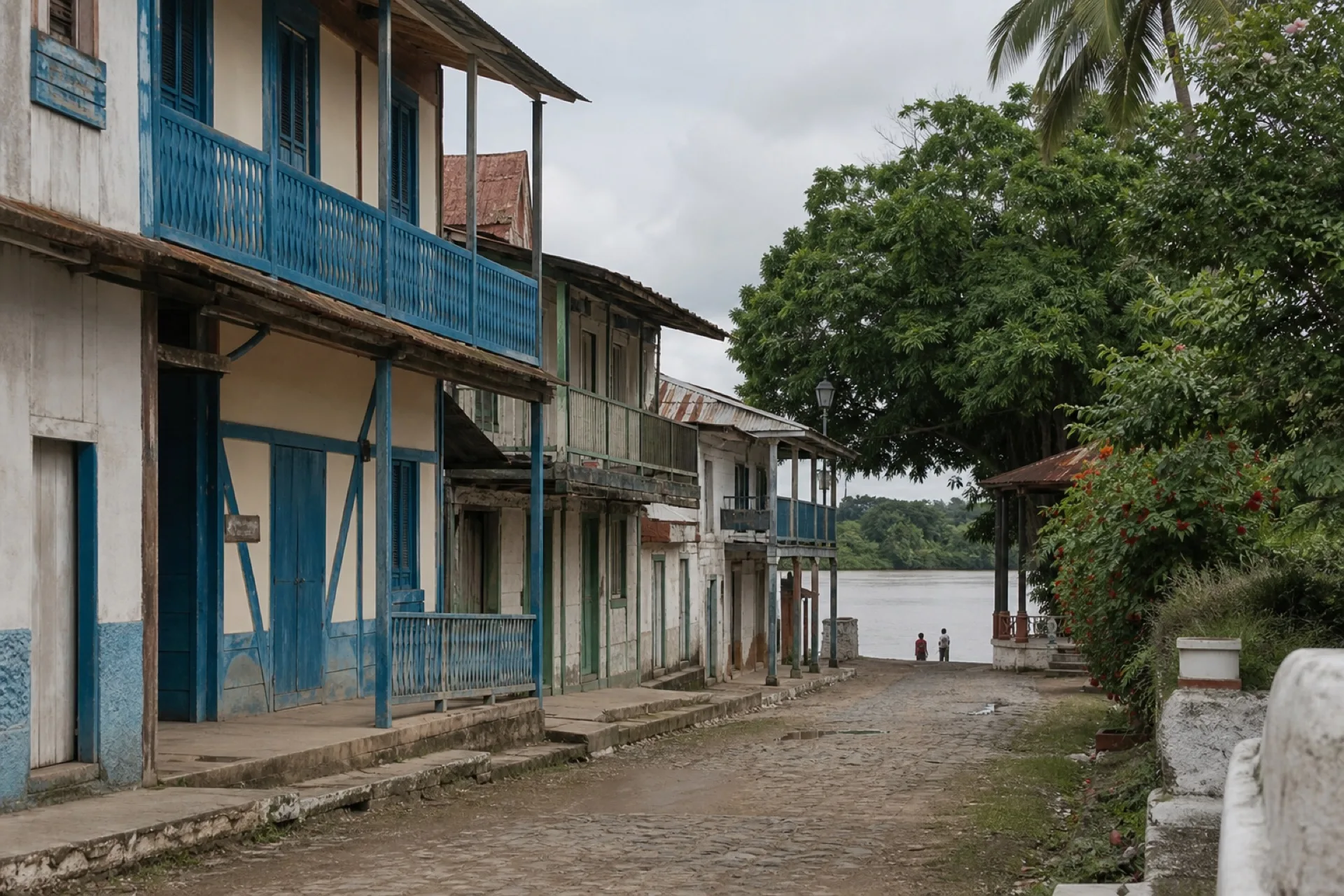 Calle de Jicaltepec con casas de madera y vegetación tropical.