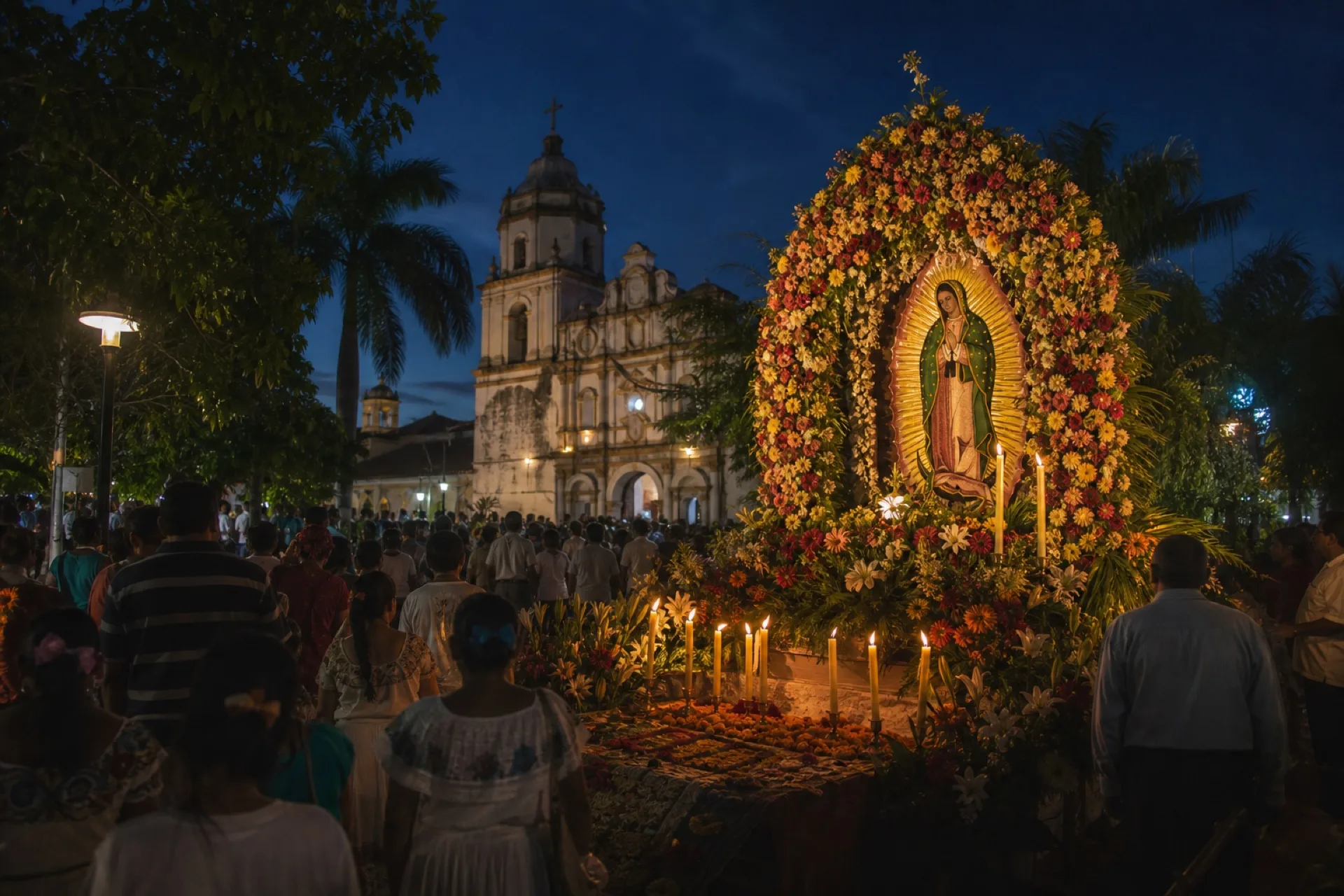 Fiesta de la Virgen de Guadalupe en Tantoyuca: ofrenda nocturna en la plaza.