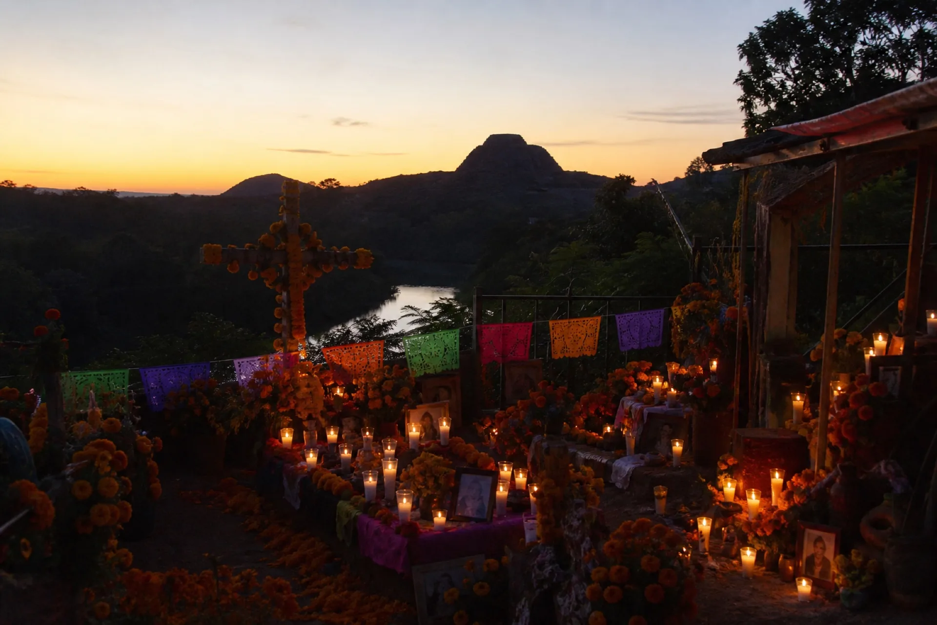 Xantolo en Castillo de Teayo: ofrenda de cempasúchil al atardecer.