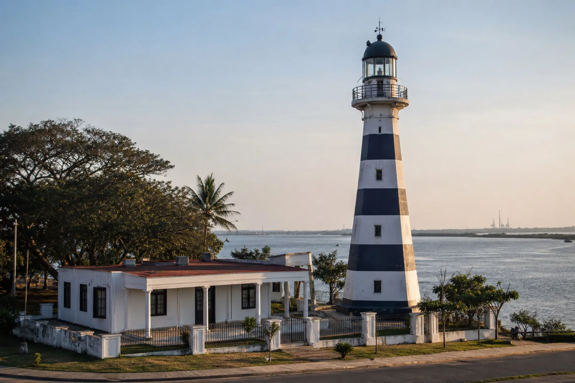 Museo del Faro en Villa Allende: faro rayado y casa del guardafaro.