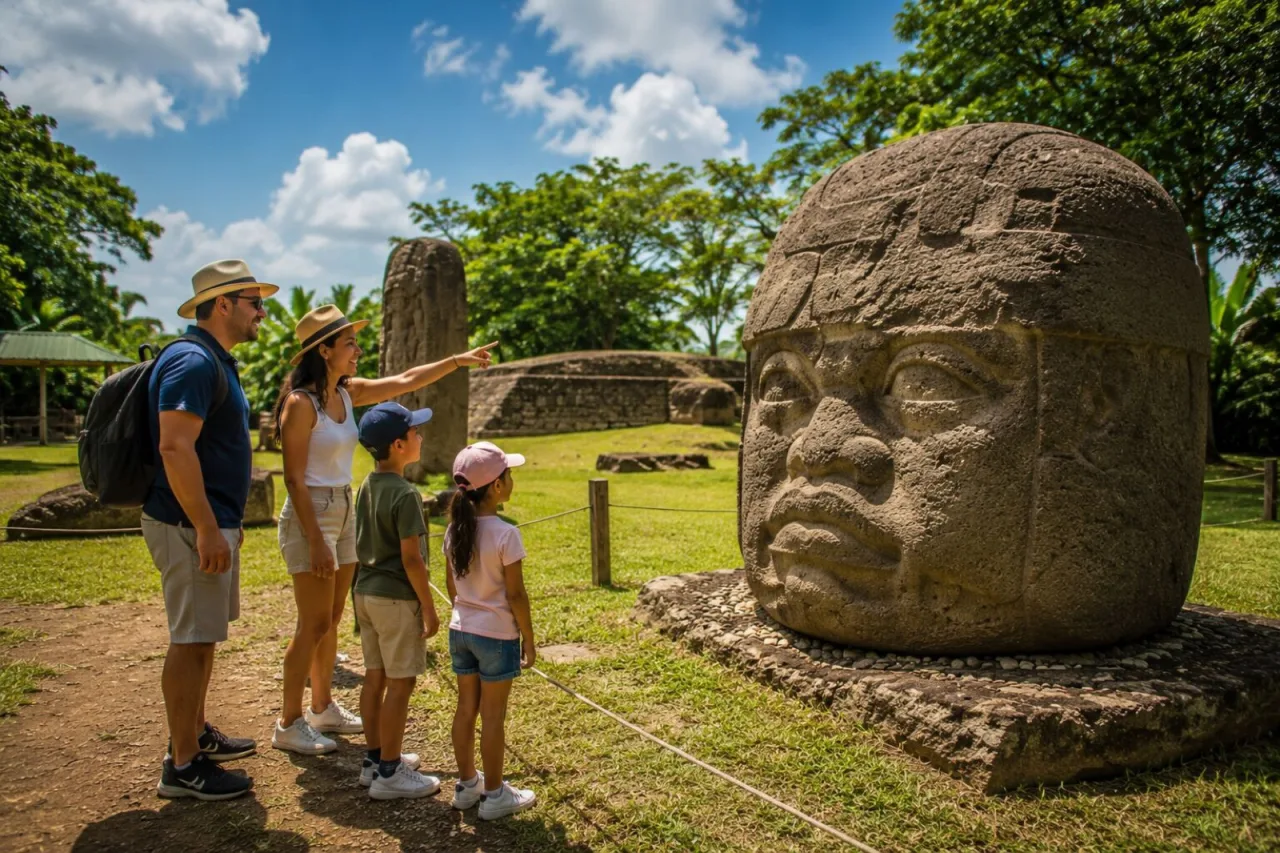 Zona Arqueológica Tres Zapotes con cabeza olmeca al aire libre.
