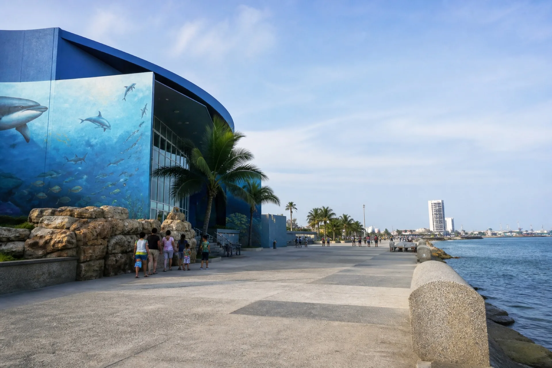Fachada del Acuario de Veracruz junto al malecón, con palmeras y el Golfo.
