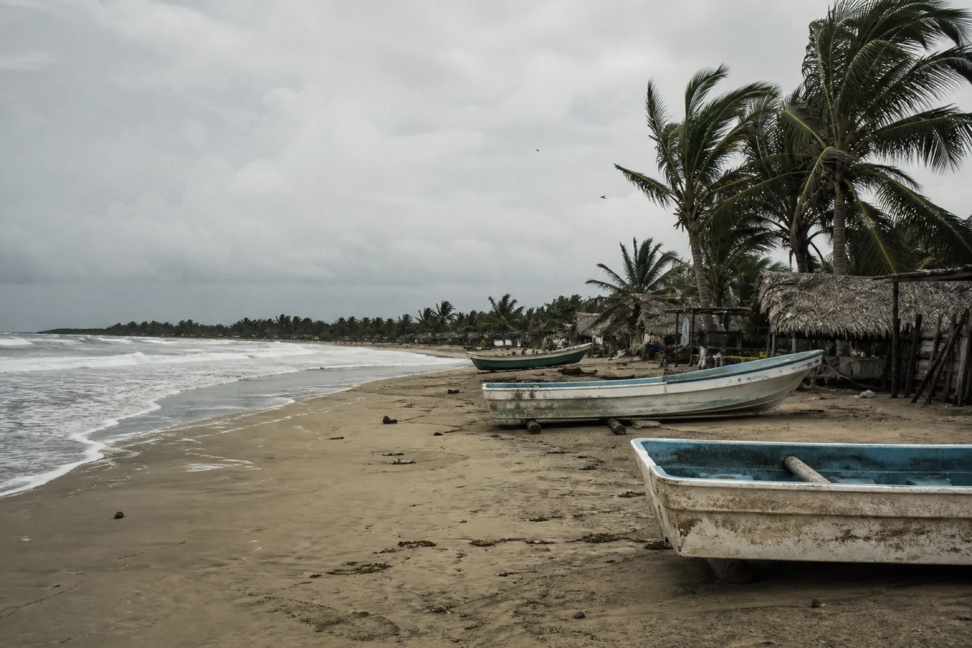 Playa de Casitas con pangas y palmas frente al Golfo.