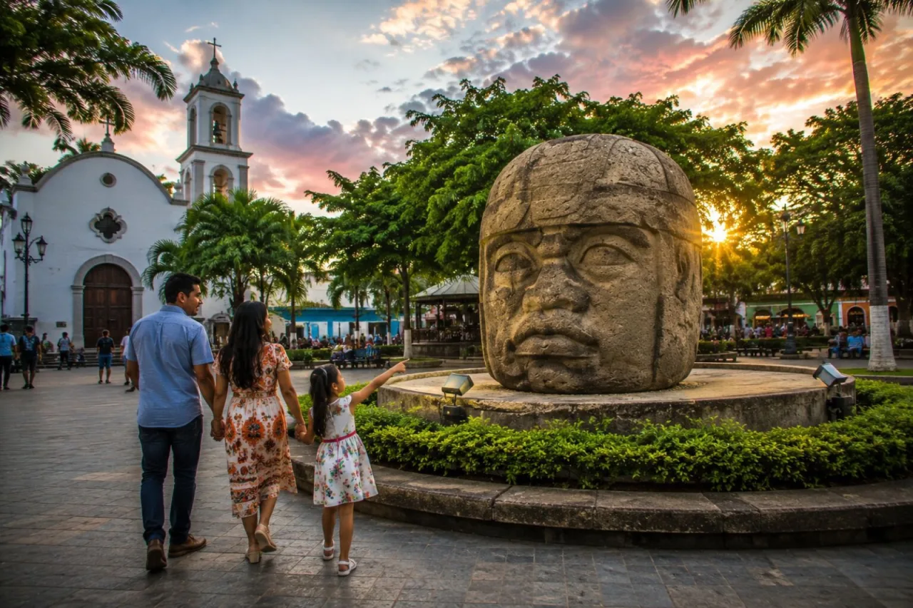 Plaza de Santiago Tuxtla con cabeza colosal olmeca y parroquia.