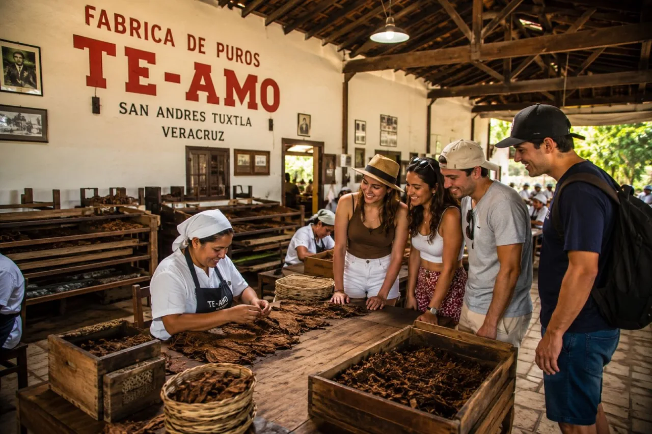 Visita a tabaquería de San Andrés Tuxtla: artesana enrollando puros.
