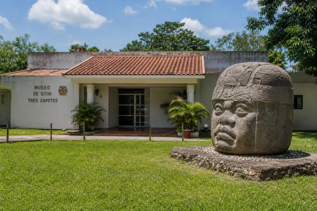 Museo de Sitio Tres Zapotes, edificio bajo junto a monumentos olmecas.
