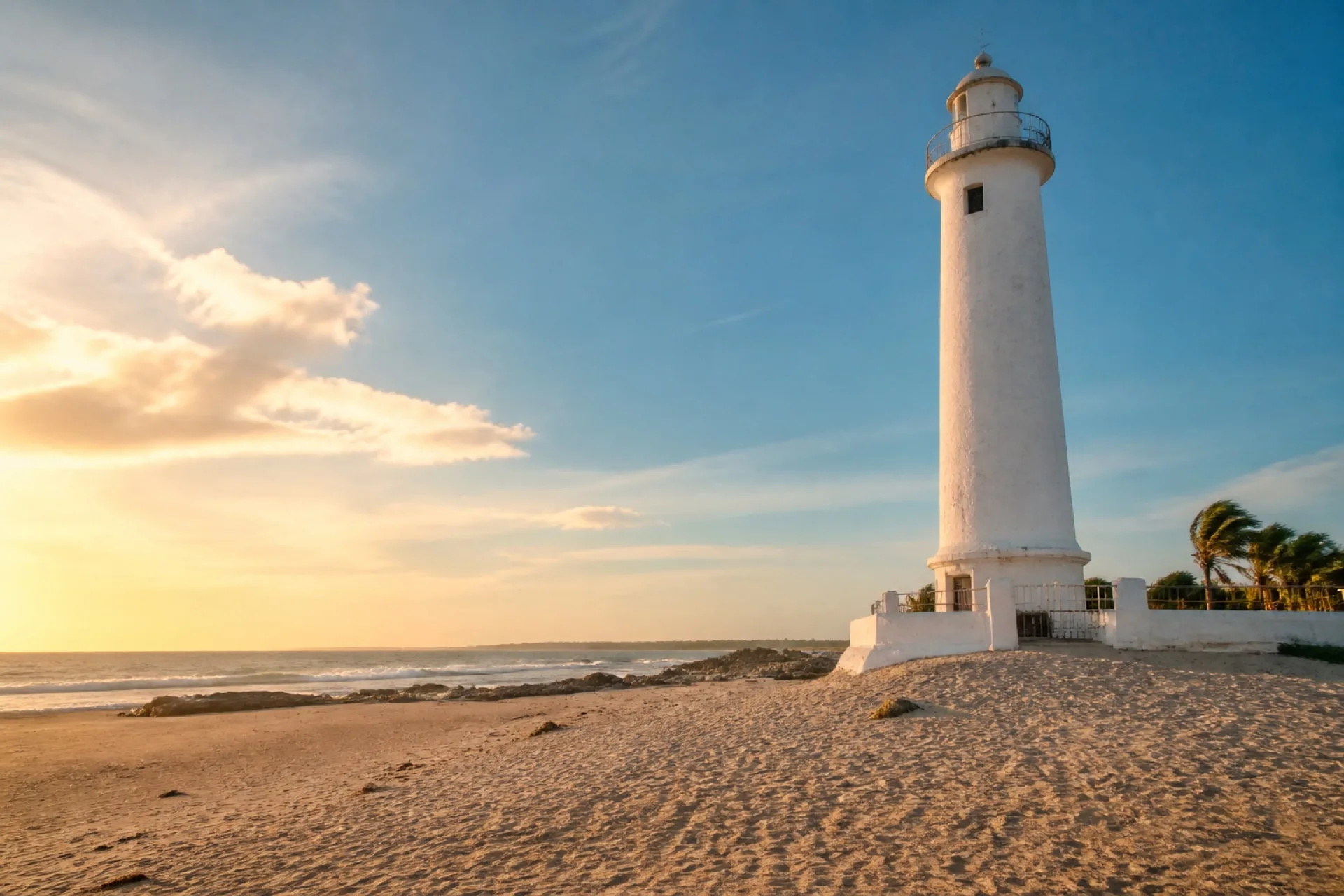 Faro de Cazones sobre duna frente al mar.