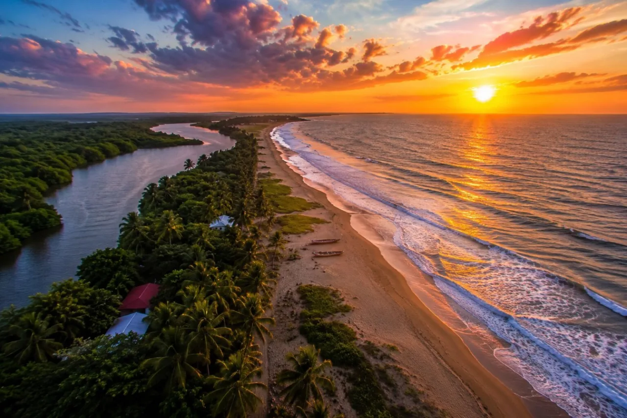 Barra de Sontecomapan: manglar, palmas y Golfo al atardecer.