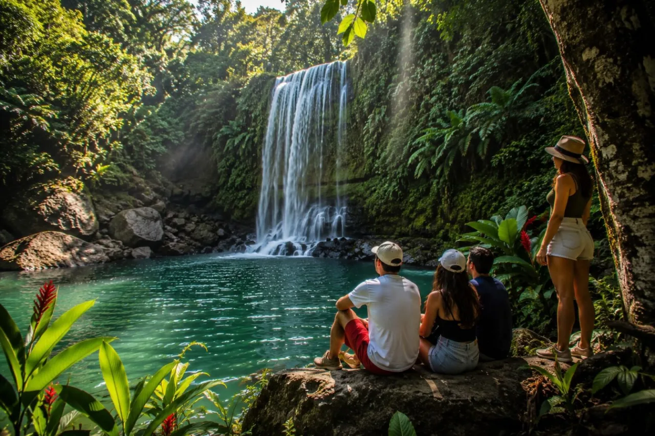 Cascada El Tucán cayendo a una poza turquesa en selva.