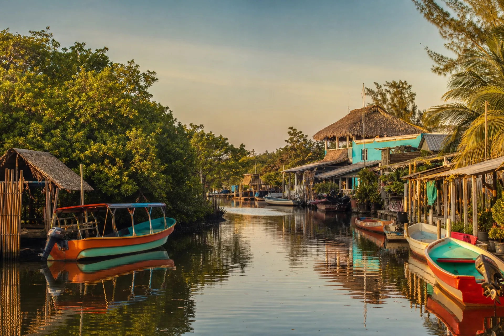 Río Jamapa con palapas y lanchas entre manglar, la Pequeña Venecia de Boca del Río.