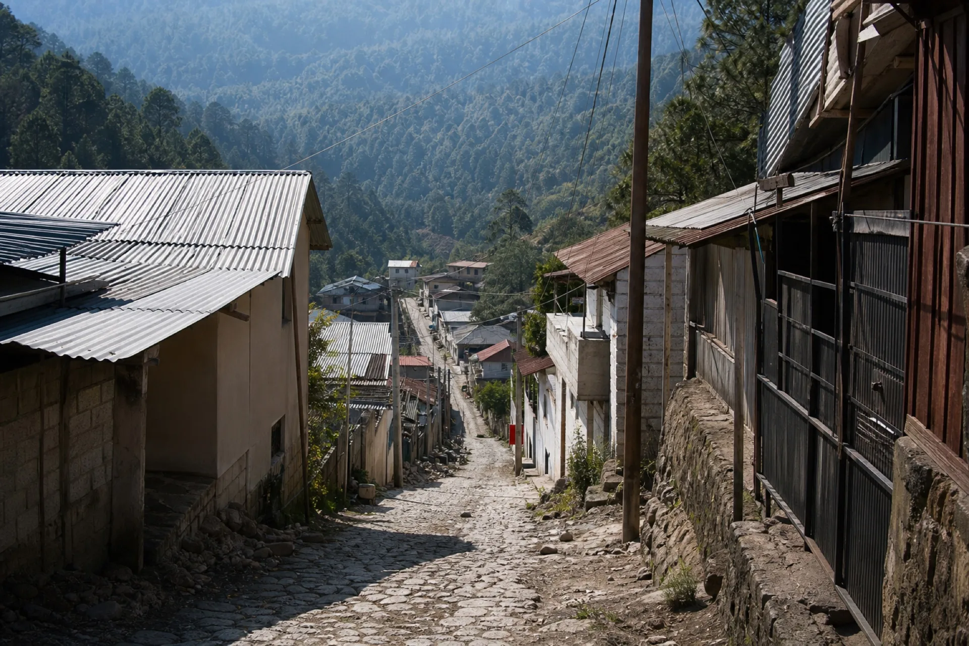 Localidad de Ayotuxtla en ladera de sierra con casas dispersas.
