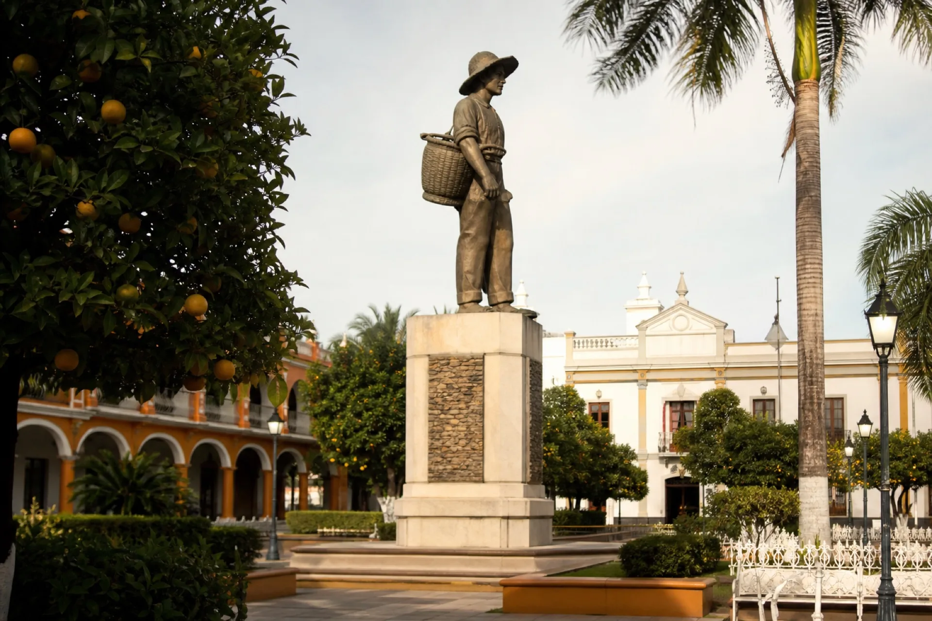 Centro de Álamo con monumento y plaza de pueblo citrícola.