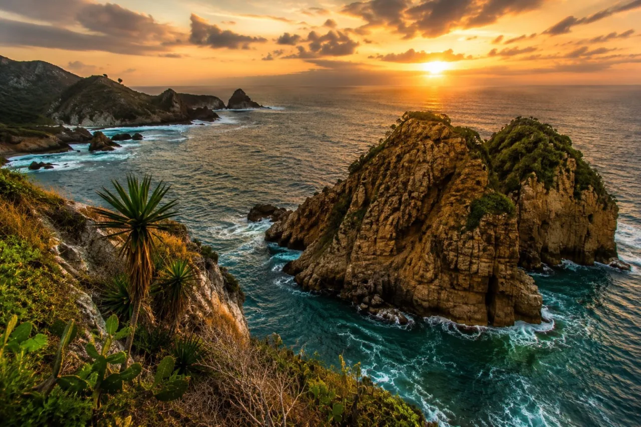 Roca Partida, farallones con vegetación frente al Golfo.