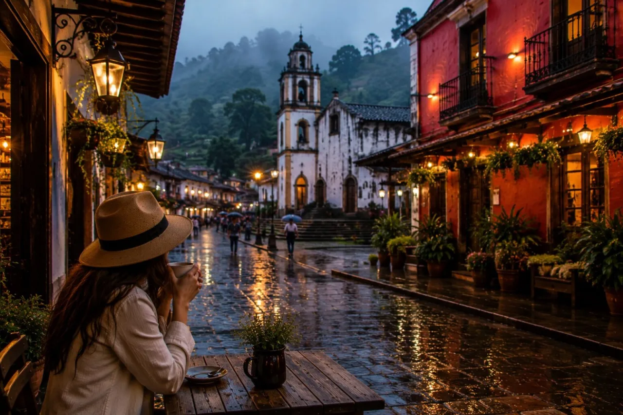 Calle mojada de Coatepec al anochecer, con iglesia y niebla en el cerro.