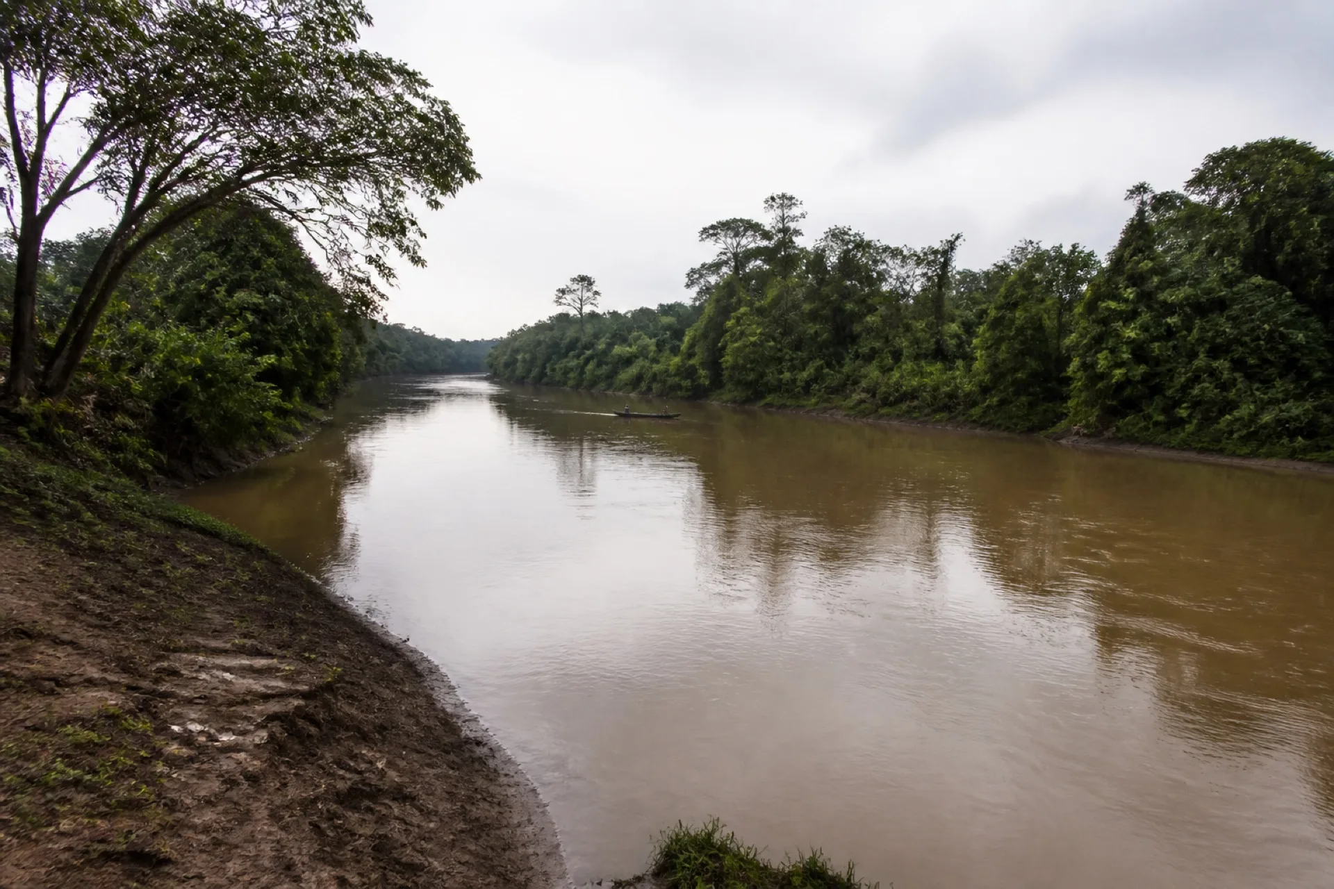 Río Uxpanapa lodoso entre selva, con canoa lejana.