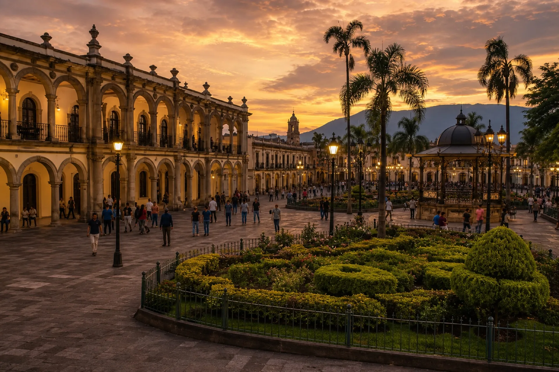 Parque 21 de Mayo y centro histórico de Córdoba al atardecer.