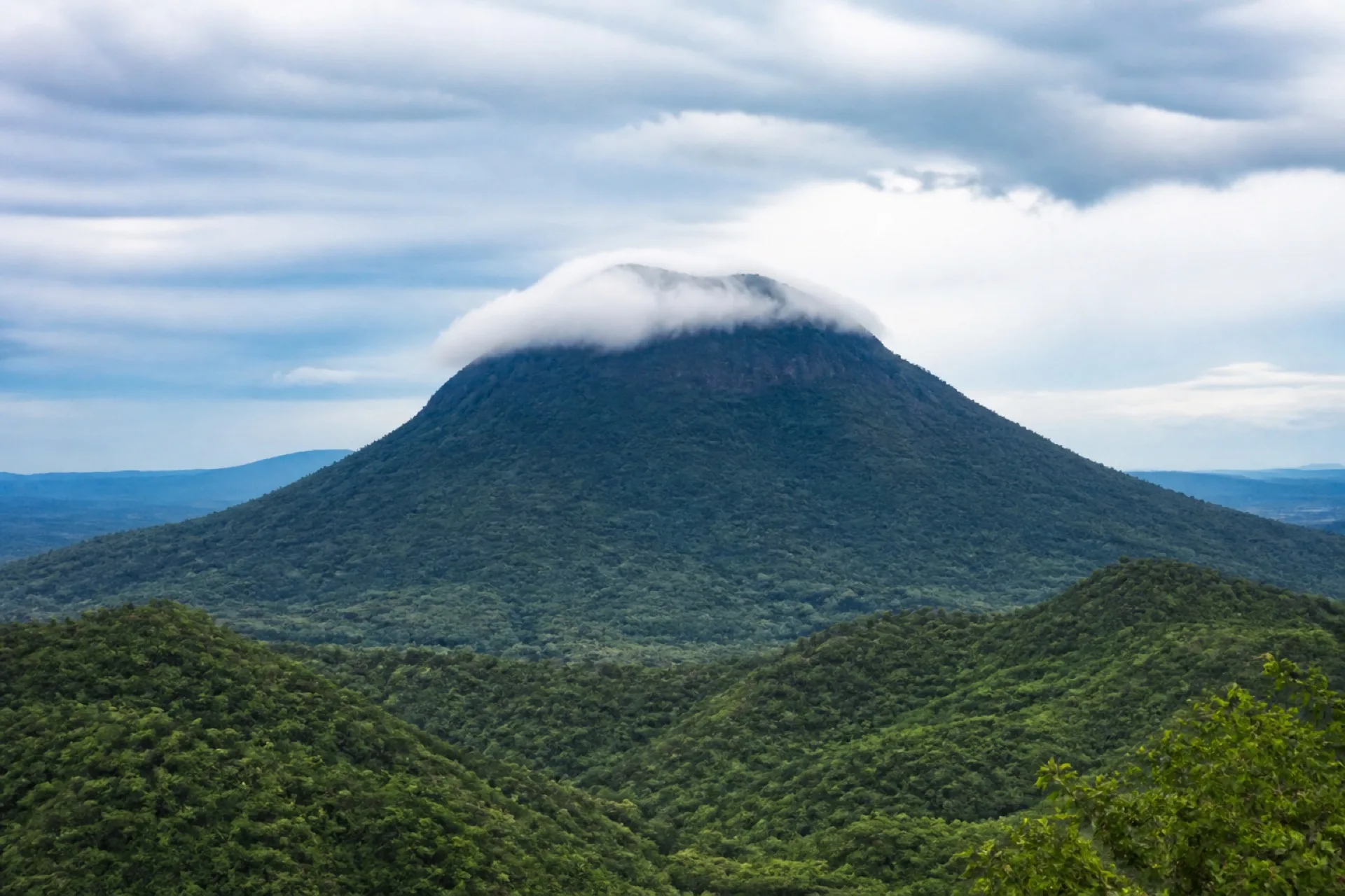 Cerro Postectli cubierto de vegetación visto desde el valle.