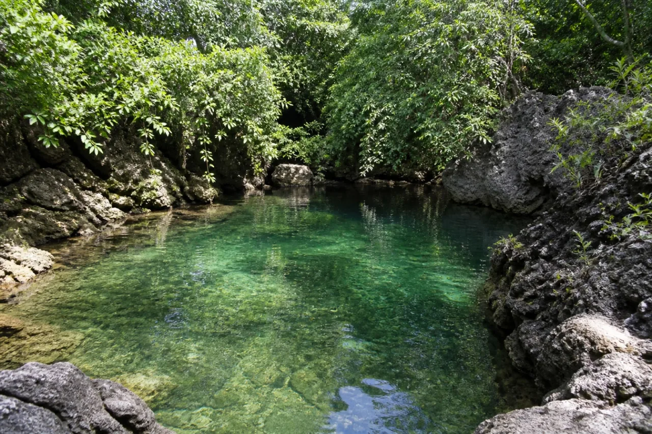 Poza de los Enanos, alberca natural entre rocas y vegetación.