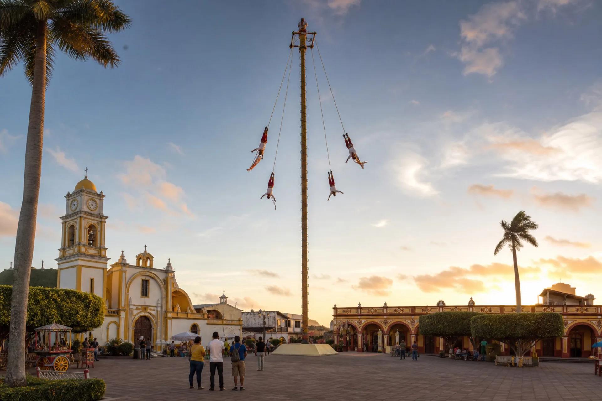 Plaza de Papantla con el palo volador al centro.