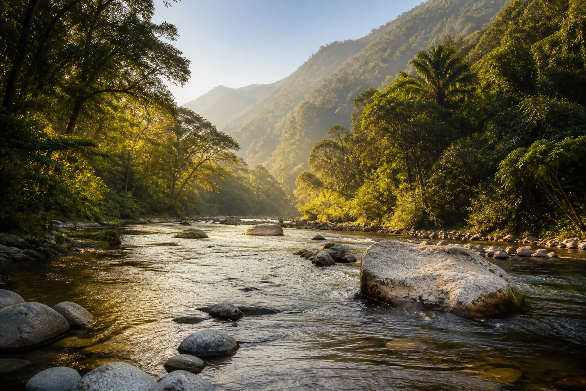 Cauce del río Tehuantepec en Zozocolco, entre vegetación.
