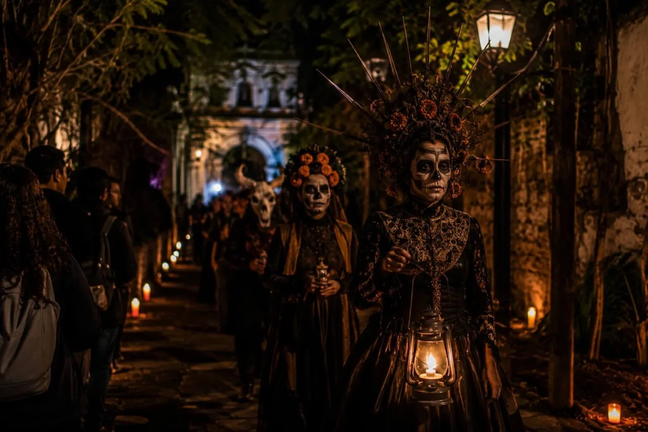 Procesión nocturna del festival Mictlán en Xalapa.