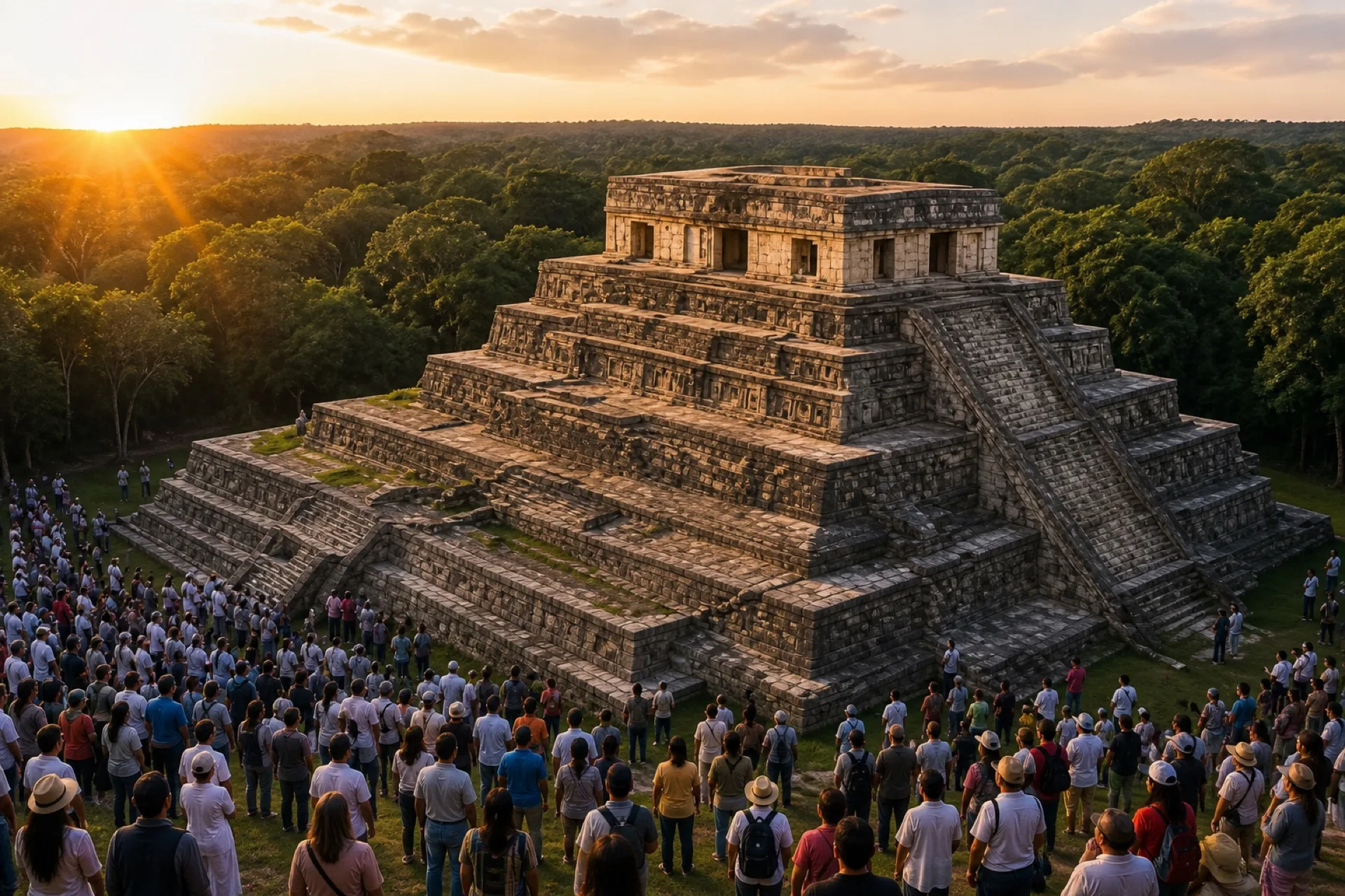 Equinoccio en El Tajín, pirámide iluminada al atardecer.