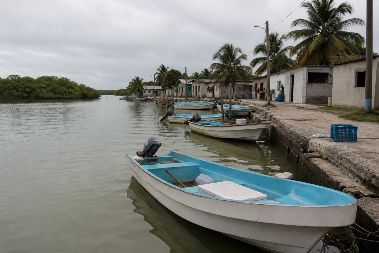 Ribera de pesca en laguna, con pangas amarradas y manglares al fondo.