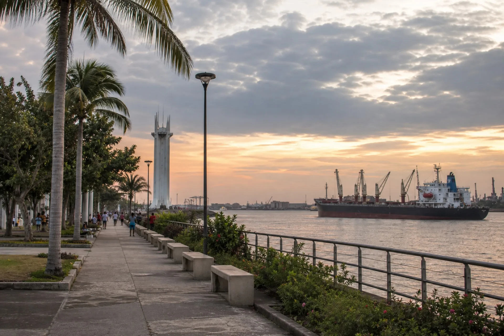Paseo de concreto del malecón de Coatzacoalcos con palmas y agua ancha.