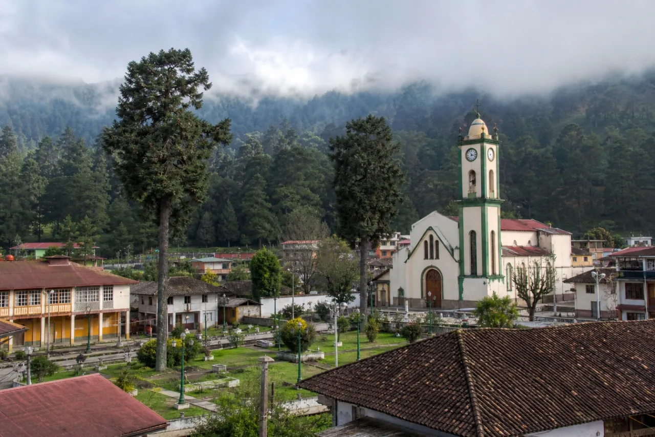 Centro de Las Vigas de Ramírez entre pinos de montaña.