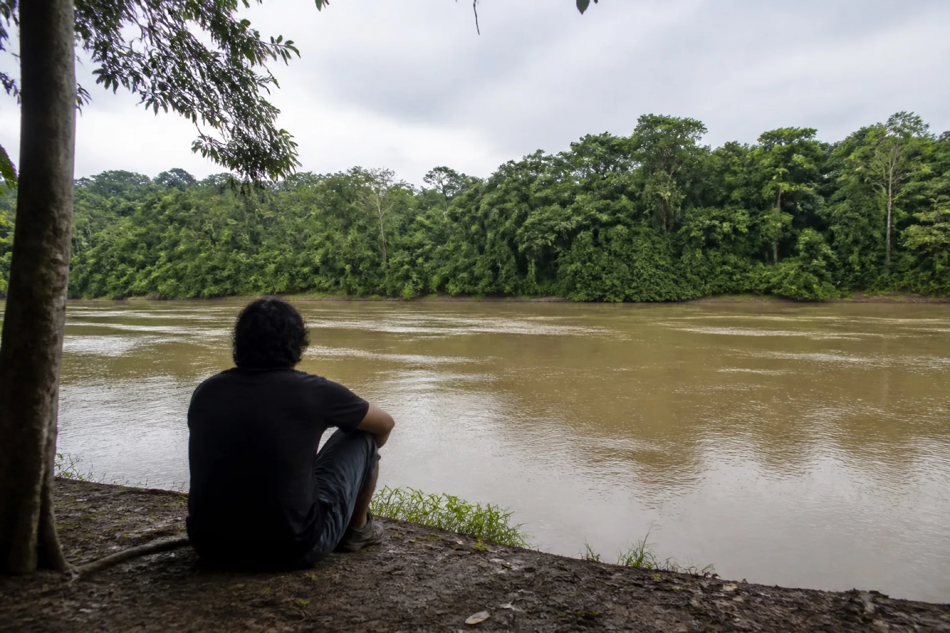 Estancia junto al Río Uxpanapa, sentado en la orilla selvática.