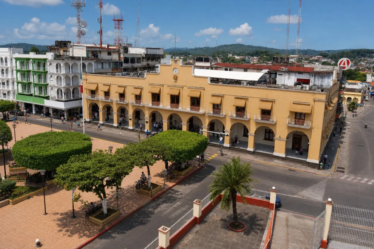 Palacio municipal y plaza del centro de San Andrés Tuxtla.