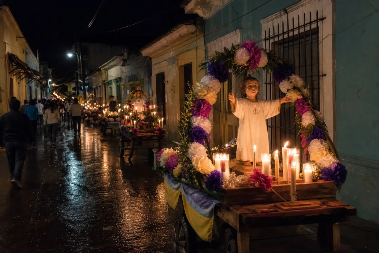 Calle de Tuxpan de noche con carritos iluminados por velas y flores de papel, tradición del Niño Perdido.