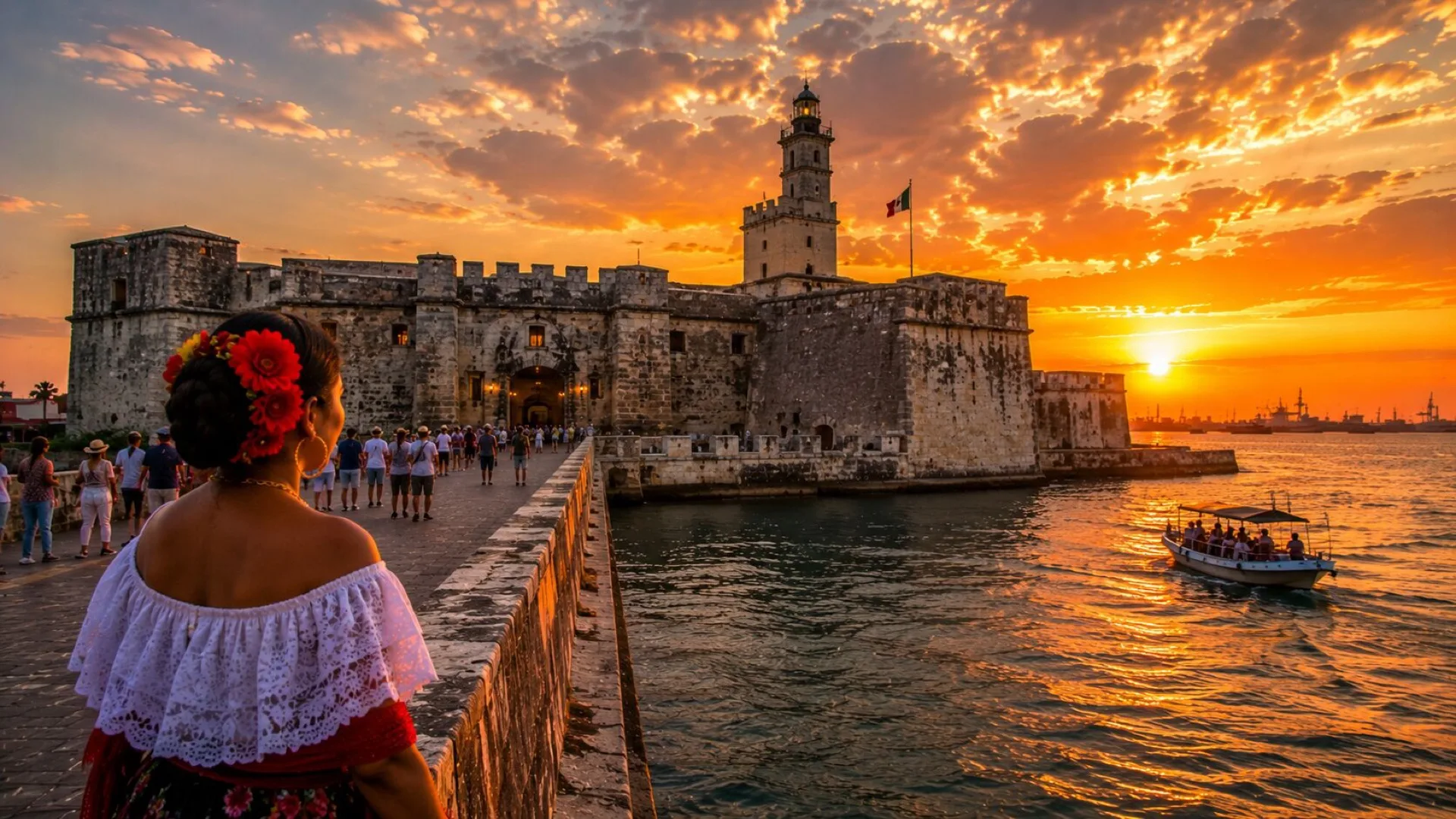 Fortaleza de San Juan de Ulúa sobre el agua al atardecer, con el puerto de Veracruz al fondo.