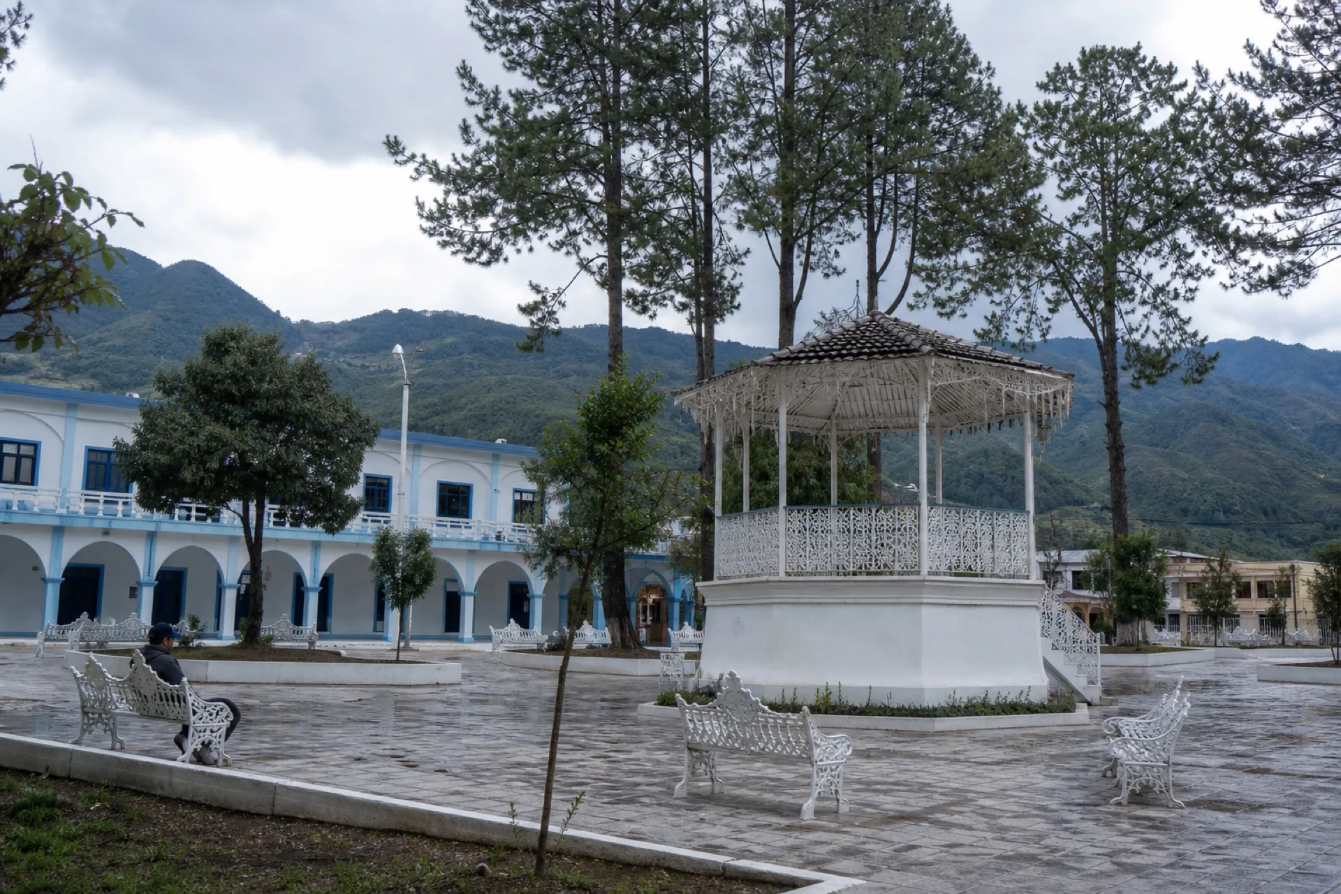 Plaza de Huayacocotla con kiosco y pino de sierra.