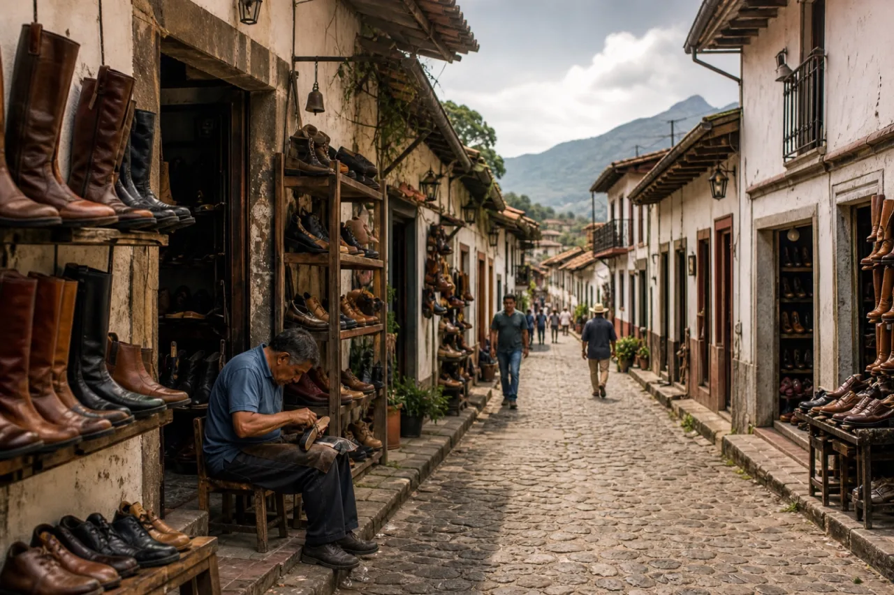 Calle de las Zapaterías de Naolinco con talleres de cuero.