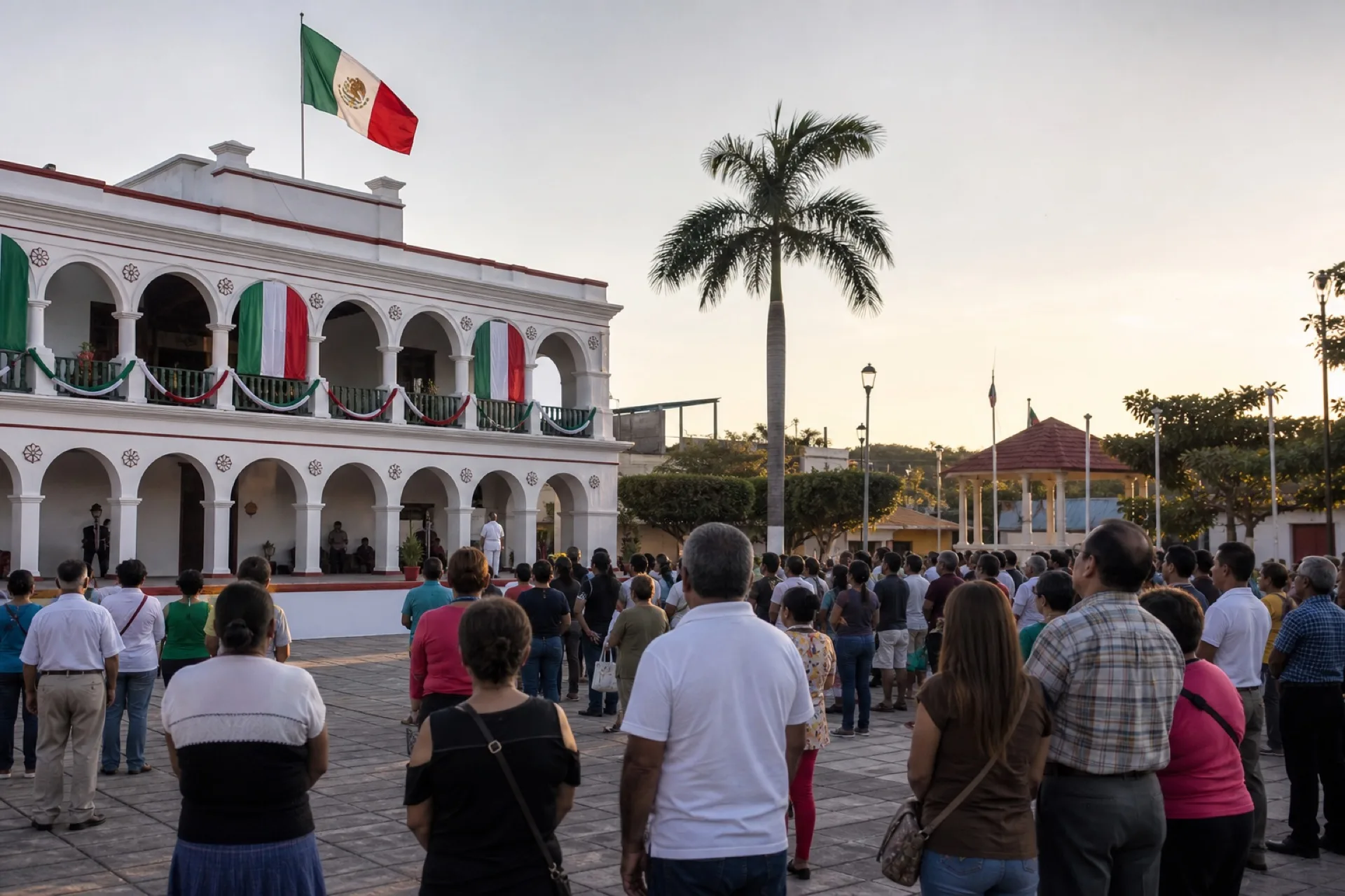 Celebración cívica frente al palacio municipal de un pueblo ribereño.
