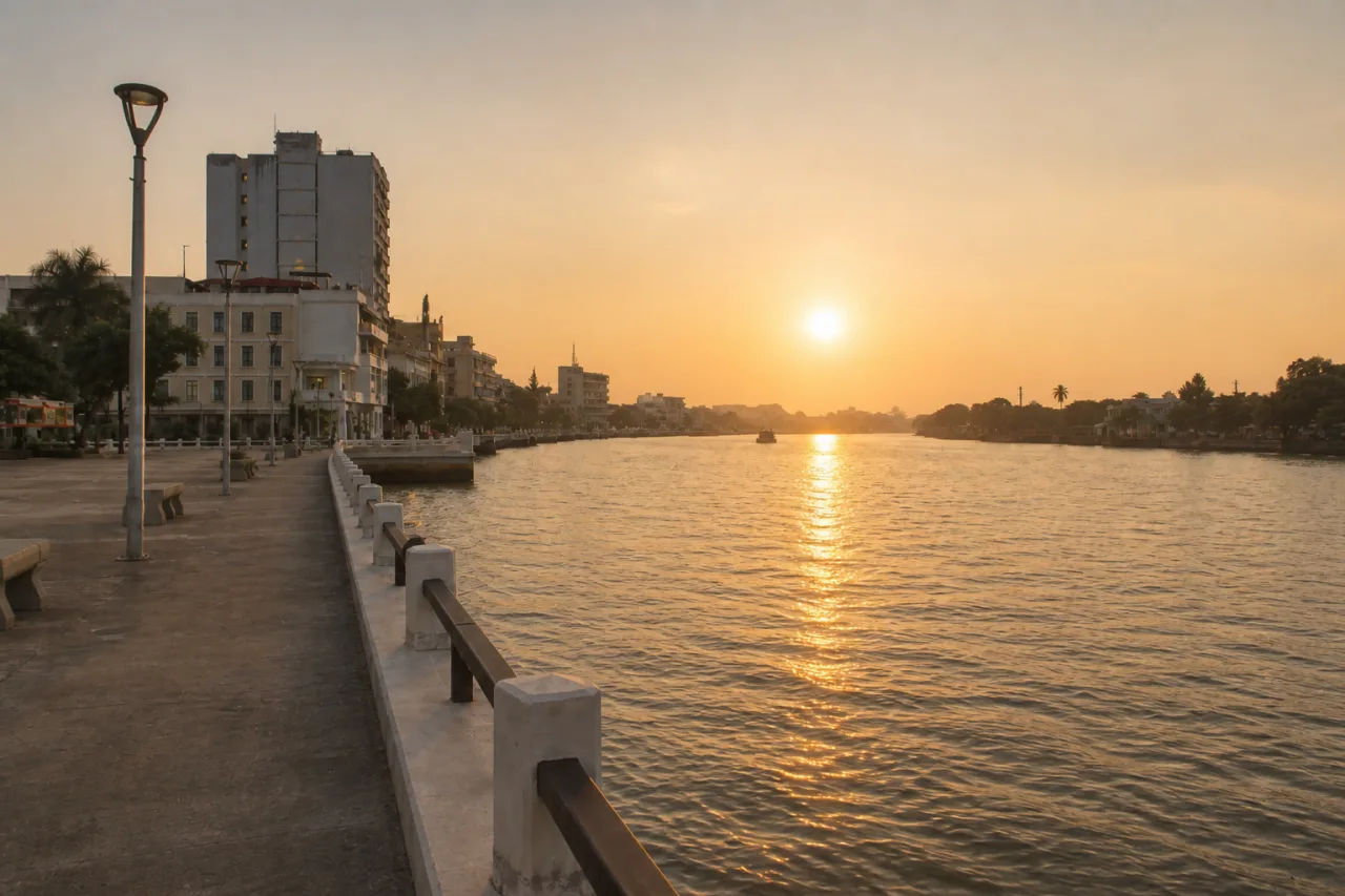 Malecón de Tuxpan junto al río al atardecer, luz cálida suave y reflejo en el agua.
