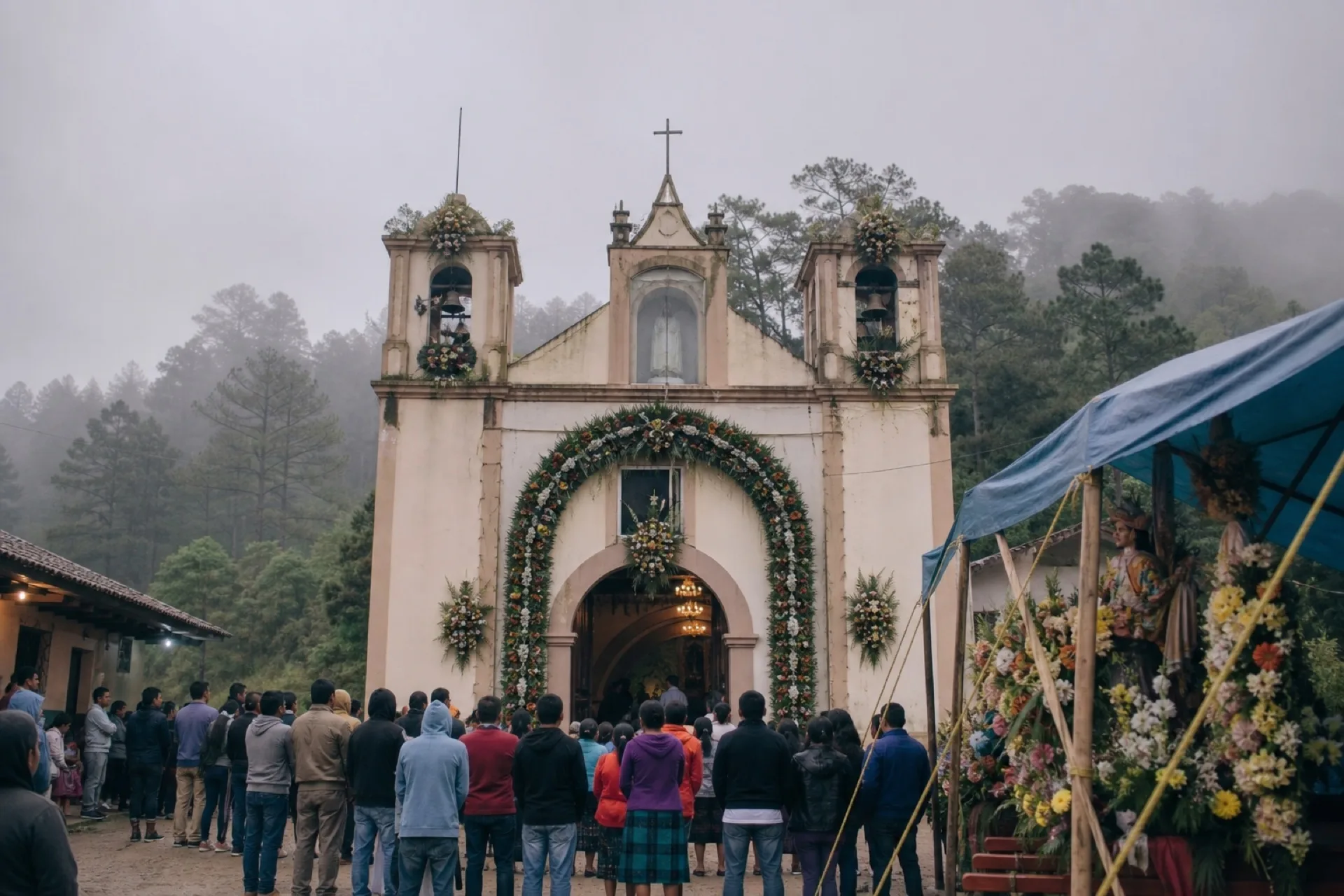 Fiesta de San Francisco de Asís en Zontecomatlán: parroquia de montaña con arco floral.
