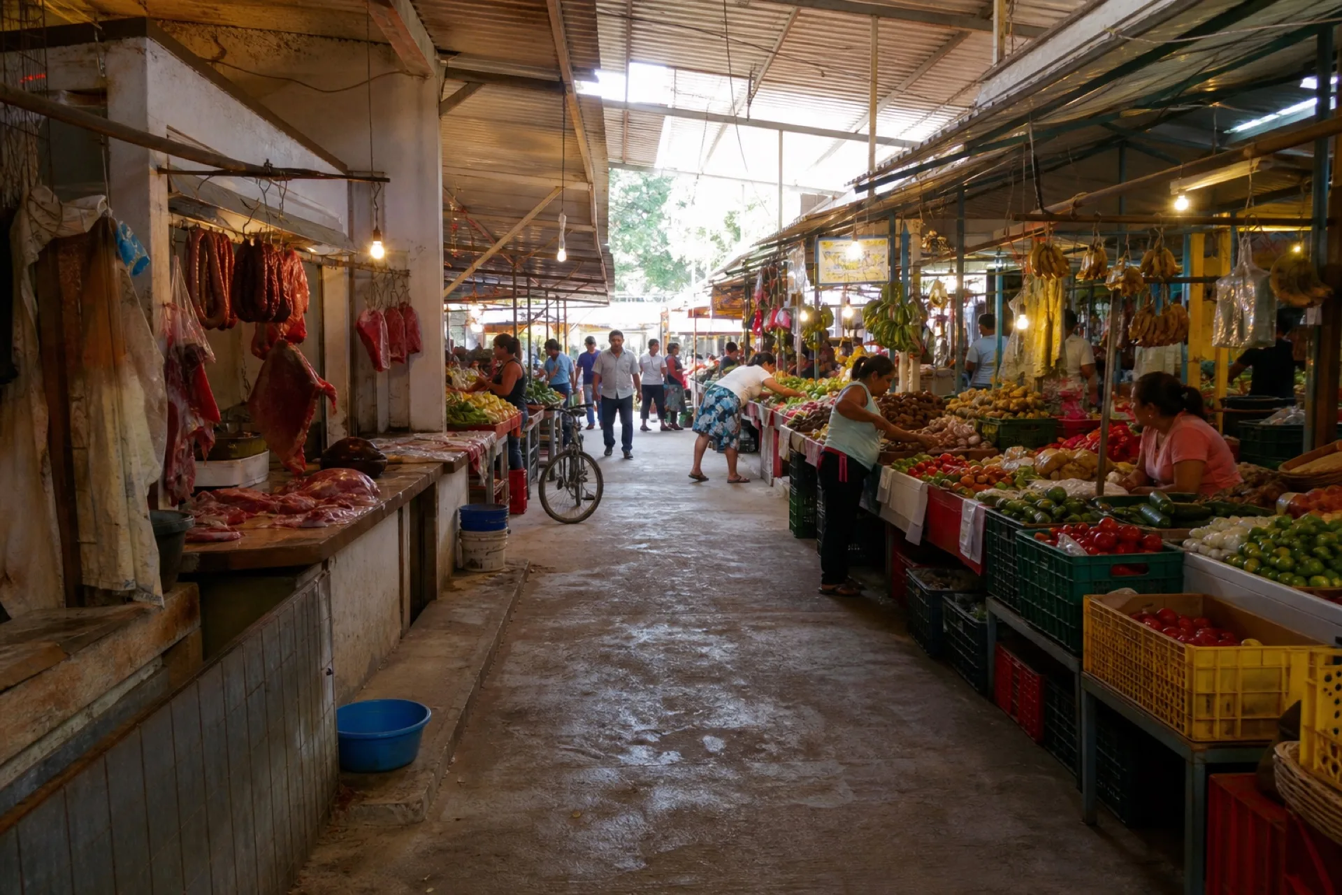 Mercado Hidalgo de Minatitlán: pasillos de puesto y luz de mercado.