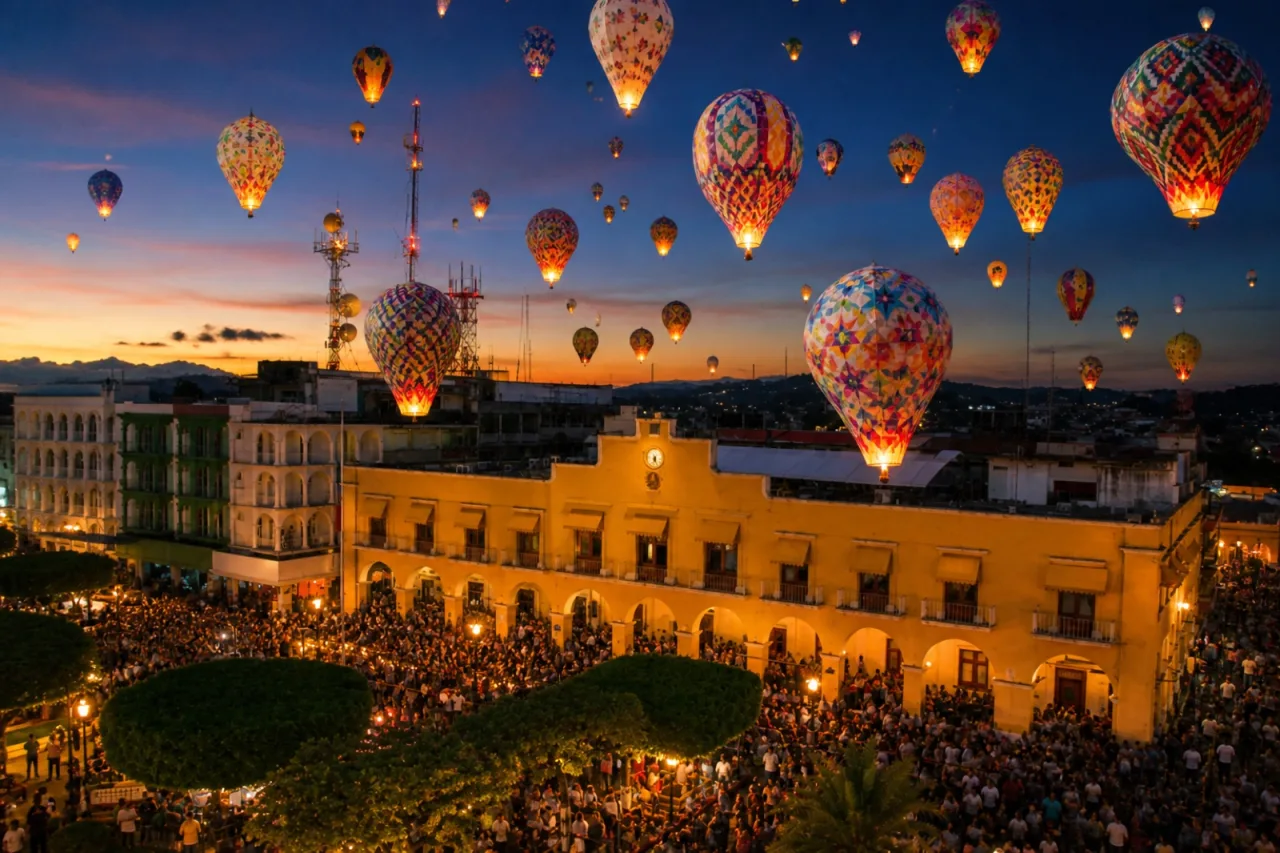 Globos de papel china elevándose sobre San Andrés Tuxtla al atardecer.
