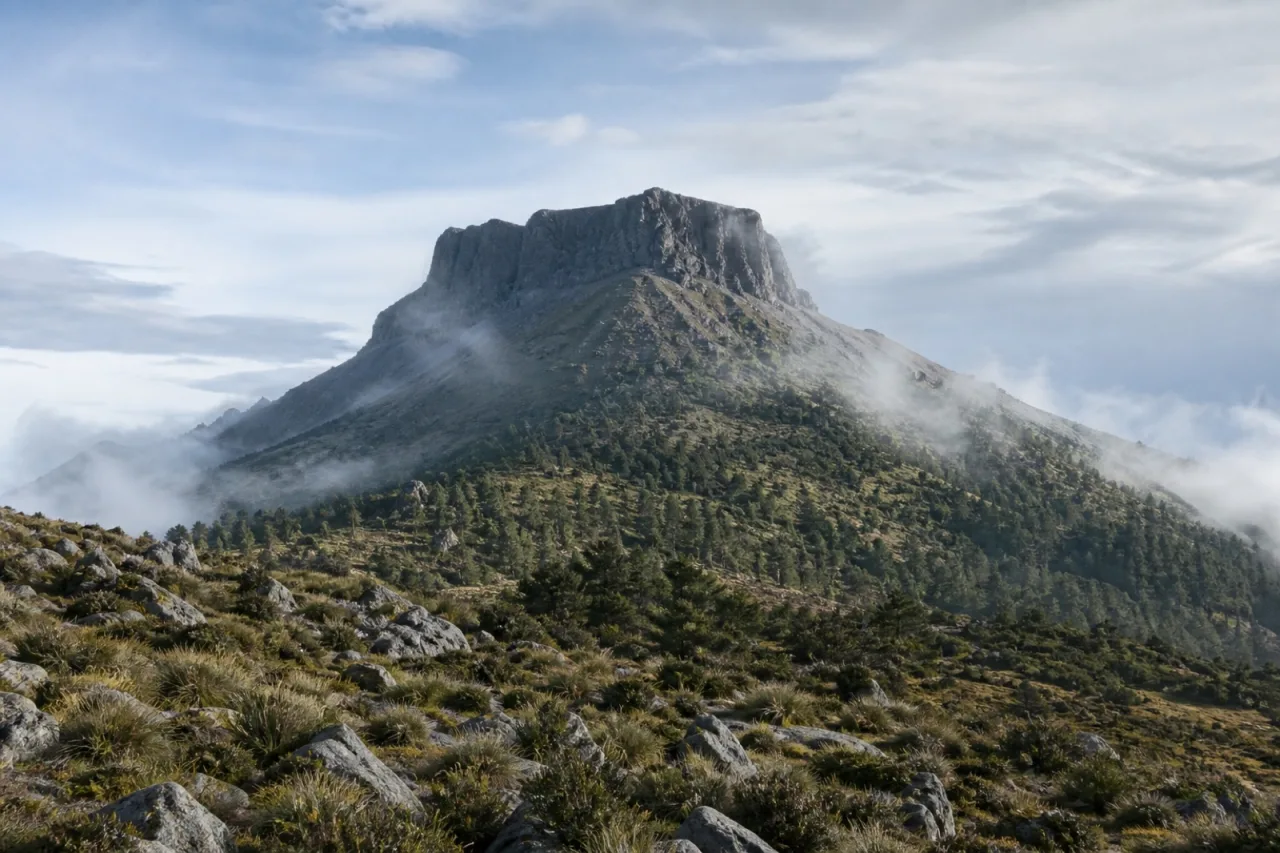 Cumbre aplanada del Cofre de Perote sobre bosque de pino.